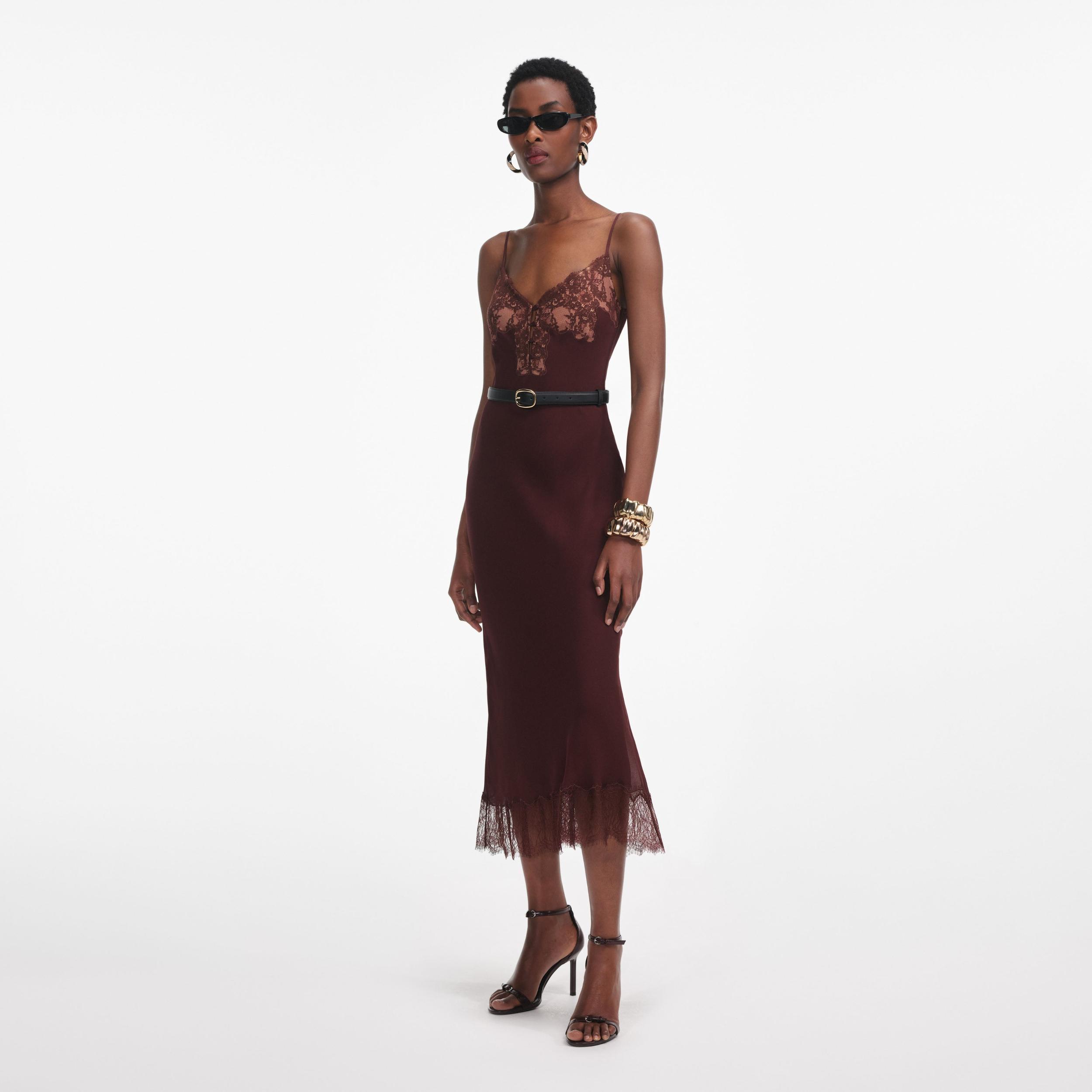 Brown Lace Insert Midi Dress Product Image