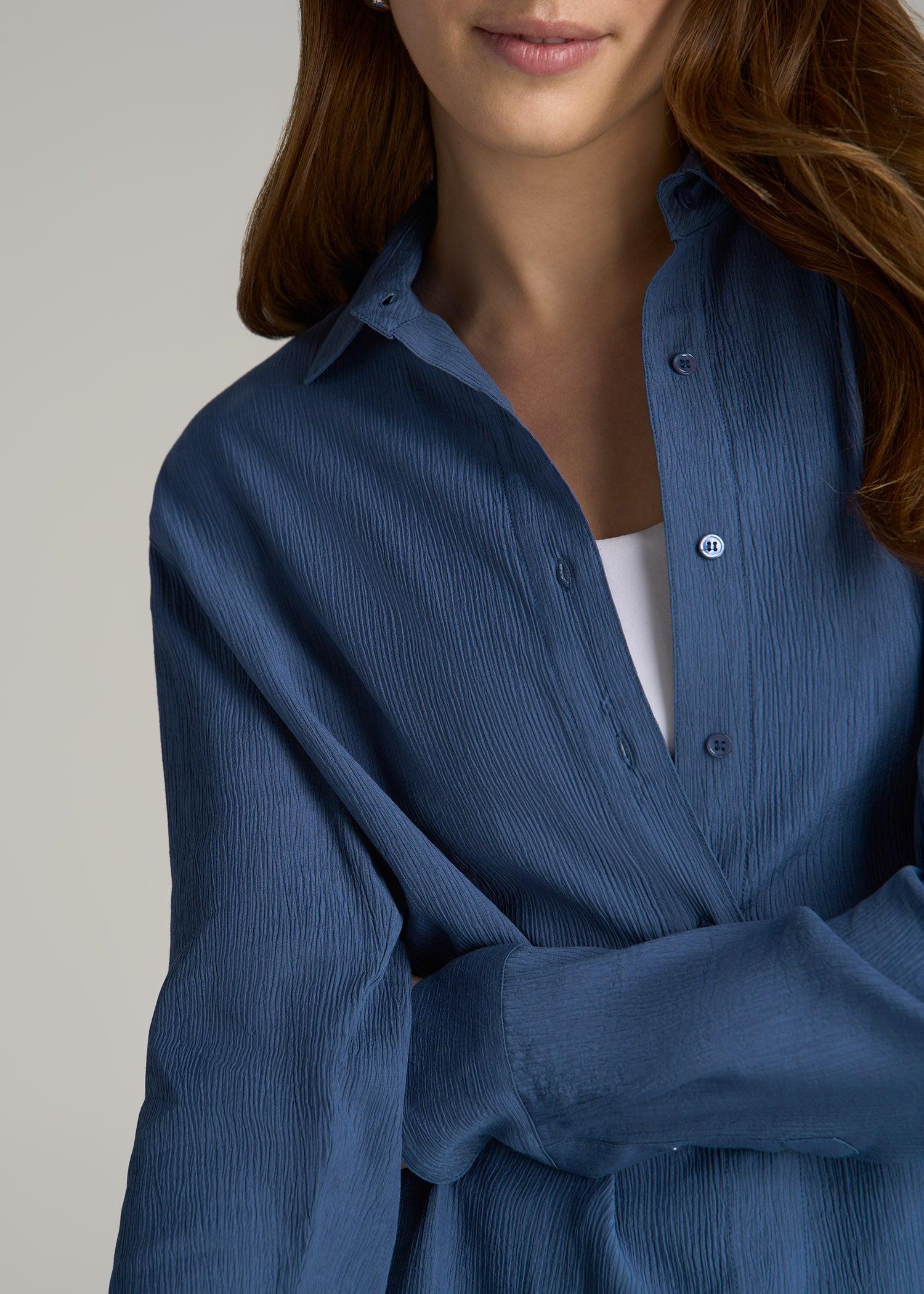 Long Sleeve Crinkle Blouse for Tall Women in Black Female Product Image