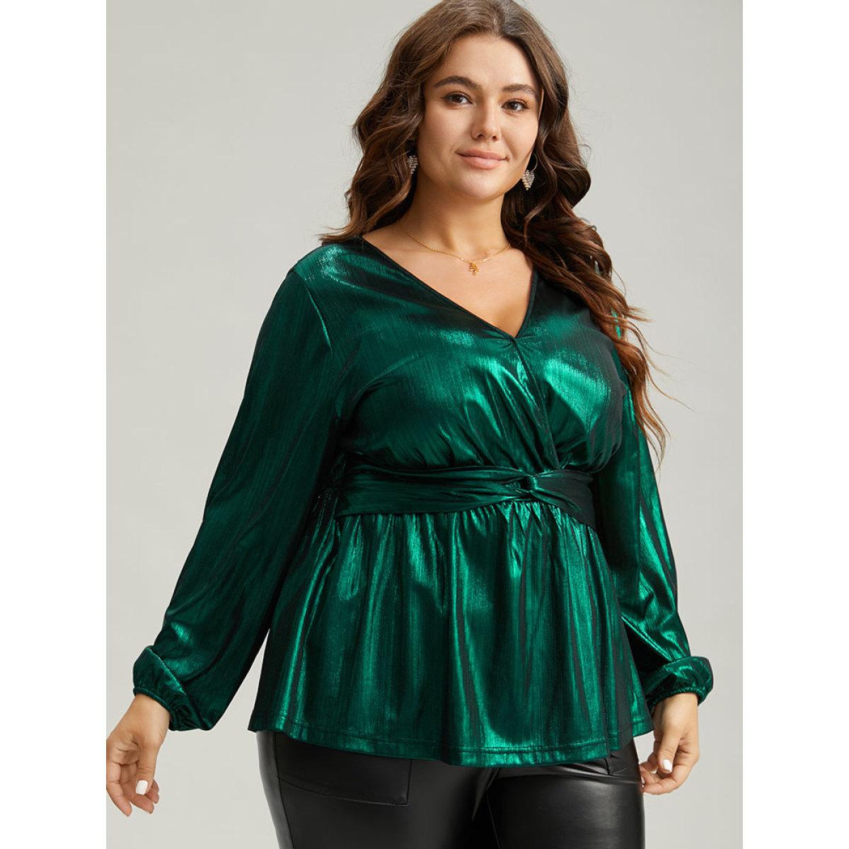 Plus Size Emerald Solid Wrap Twist Front Gathered Blouse Women Glamour Long Sleeve Overlap Collar Festival-Christmas Blouses BloomChic 26/4X Product Image