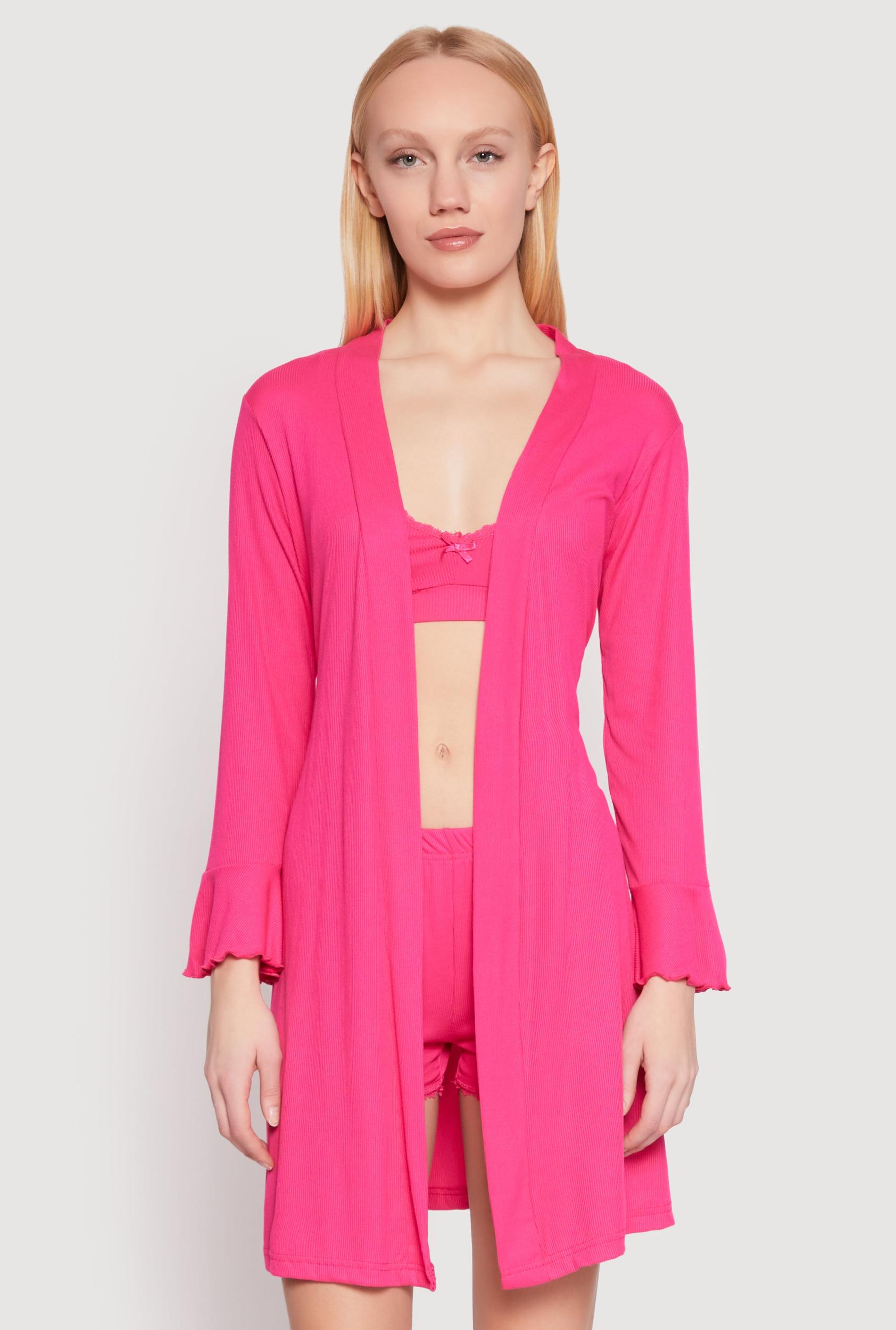 Womens Ribbed Knit Pajama Bralette and Shorts with Robe Product Image