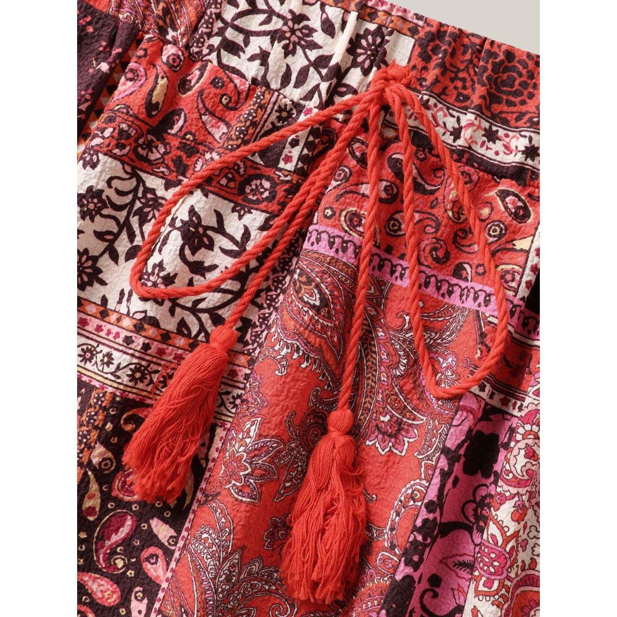 Plus Size Geometric Collage Waist-Tie Maxi Skirt Women Brightorange Resort Loose No stretch Side seam pocket Vacation Skirts BloomChic 22-24/3X Product Image