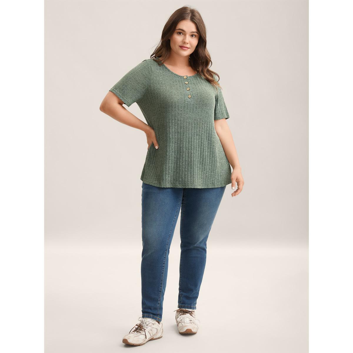 Plus Size Stretchy Textured Button Half Sleeve T-Shirt Sage Women Leisure Texture Round Neck Casual T-shirts BloomChic 10/M Product Image
