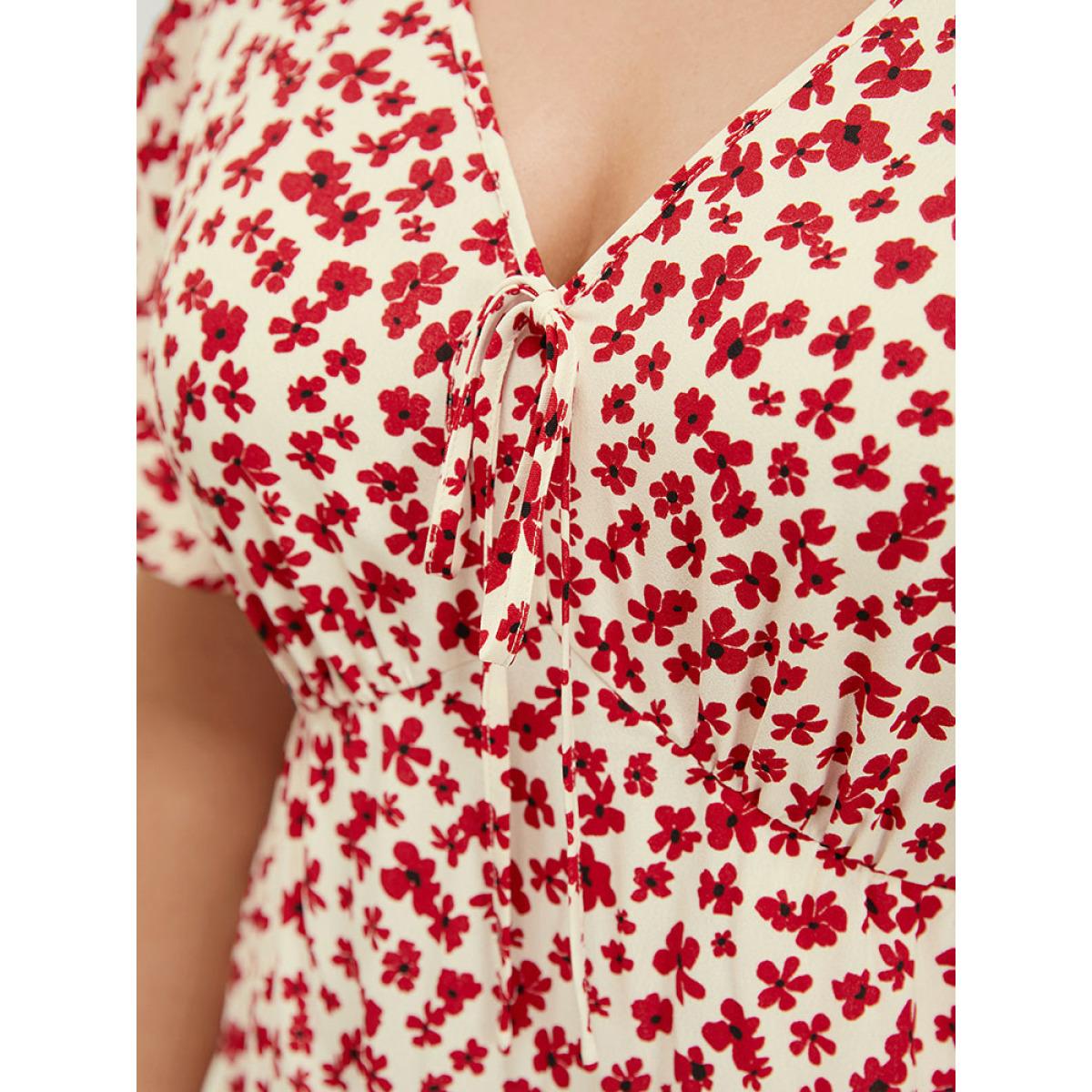 Plus Size Ditsy Floral Knot Front Pocket Ruffle Hem Dress Red Women Elegant Knotted V-neck Short sleeve Curvy Midi Dress BloomChic 30/6X Product Image