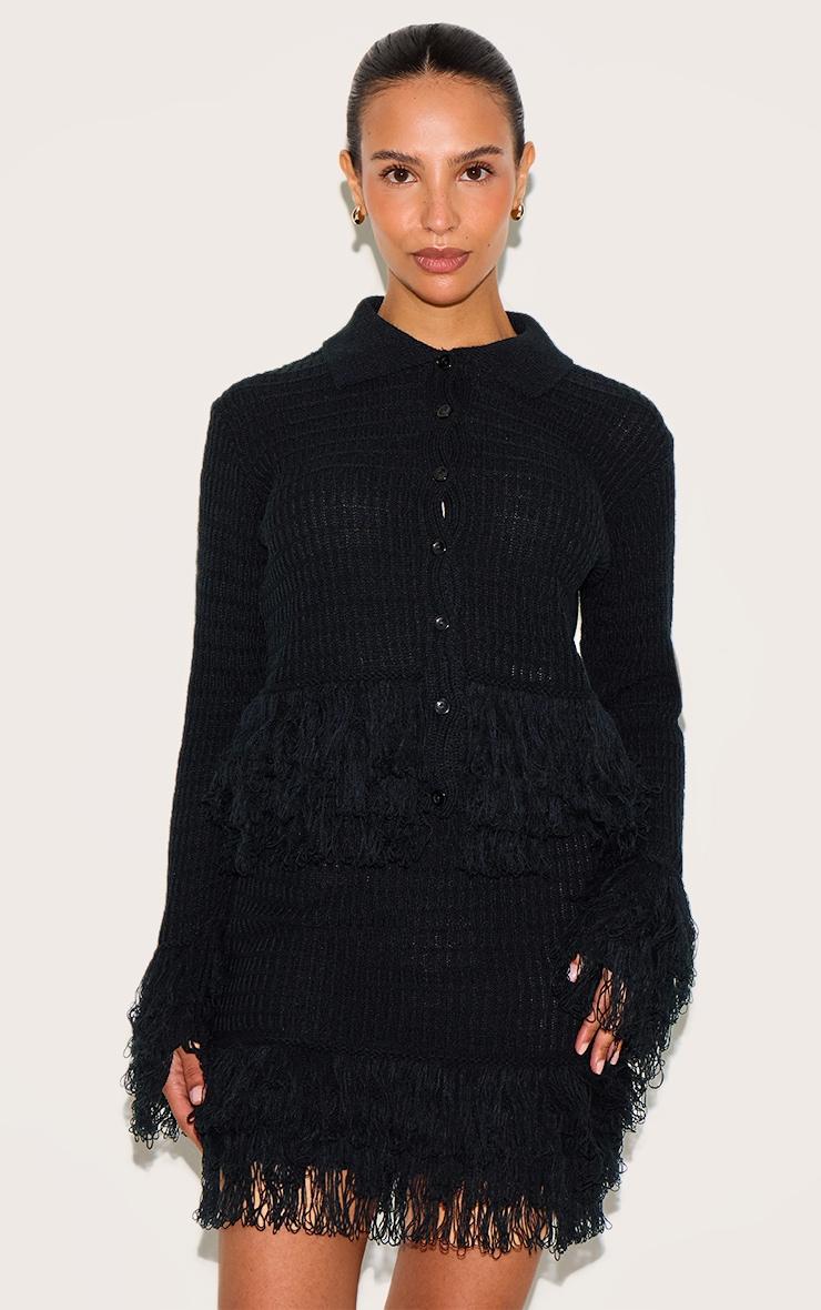 Petite Black Rib Fringe Hem Knit Skirt Product Image