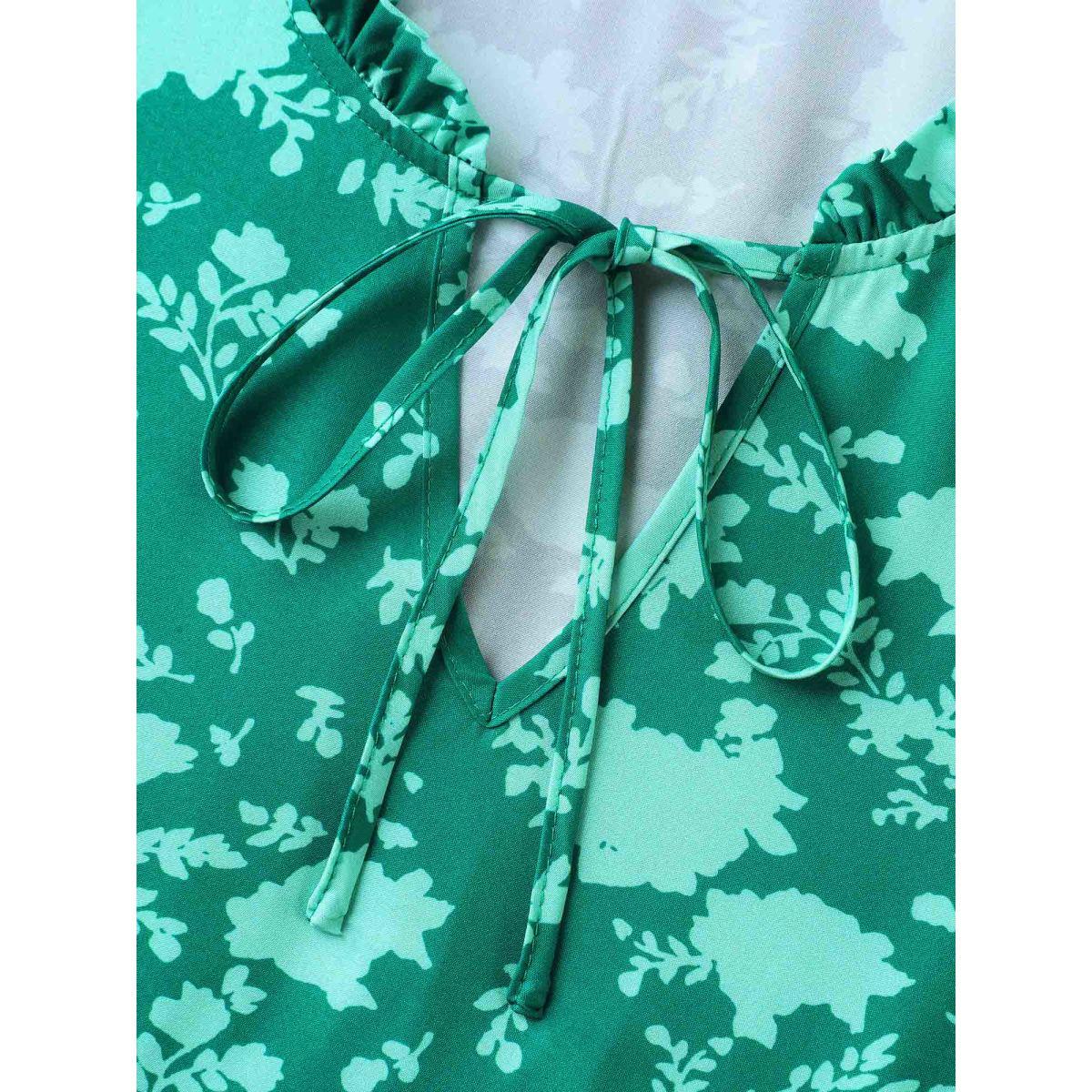 Plus Size Silhouette Floral Print Frill Trim Neck Dress Emerald Women Elegant Tie knot Flat collar with V-notch Short sleeve Curvy BloomChic 14-16/1X Product Image