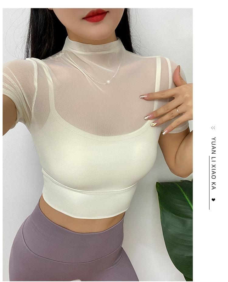 Short-Sleeve Mock Neck Plain Mesh Panel Cropped Sports T-Shirt Product Image