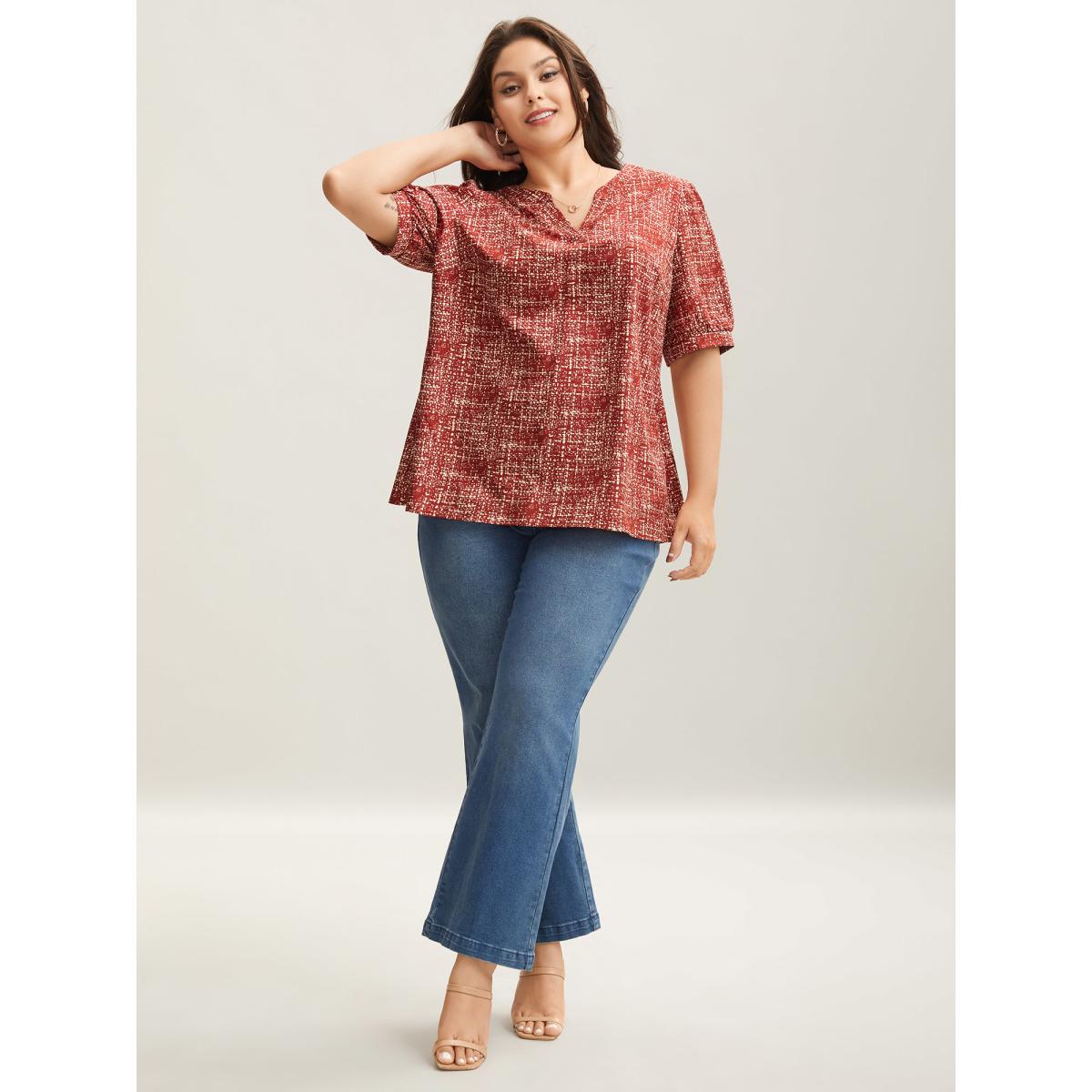 Plus Size Scarlet Geometric Print Puff Sleeve Blouse Women Office Short sleeve Flat collar with V-notch Office Blouses BloomChic 22-24/3X Product Image