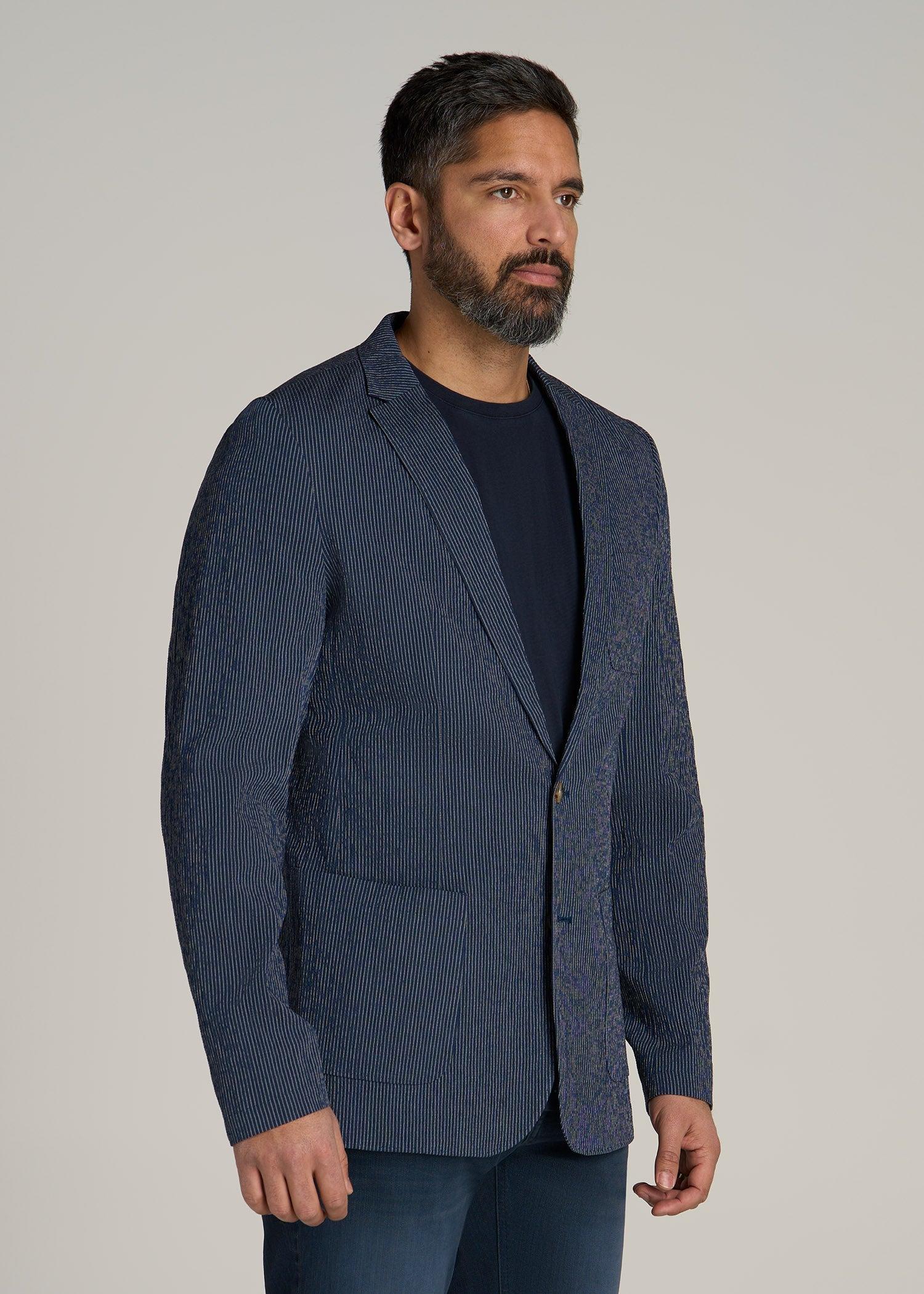 Stretch Seersucker Blazer for Tall Men in Navy and Off White Stripe Male Product Image