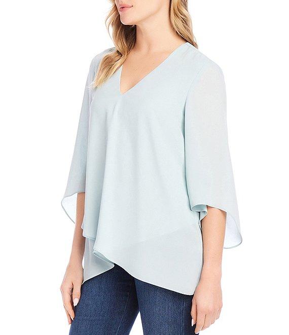 Karen Kane Silky Crepe V-Neck 3/4 Flare Sleeve Asymmetric Top Product Image