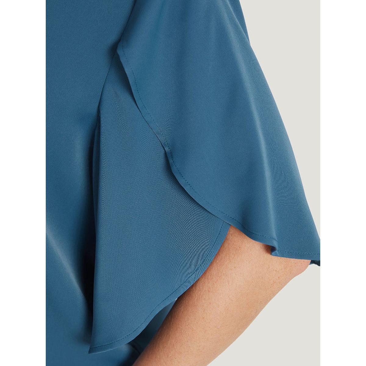 Plus Size Cerulean Solid Half Zipper Split Petal Sleeve Blouse Women Office Half Sleeve V-neck Work Blouses BloomChic 14-16/1X Product Image