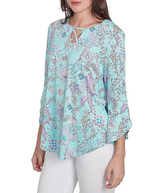 Ruby Rd. Soft Knit Floral Keyhole Neck 3/4 Sleeve Shirttail Hem Top Product Image