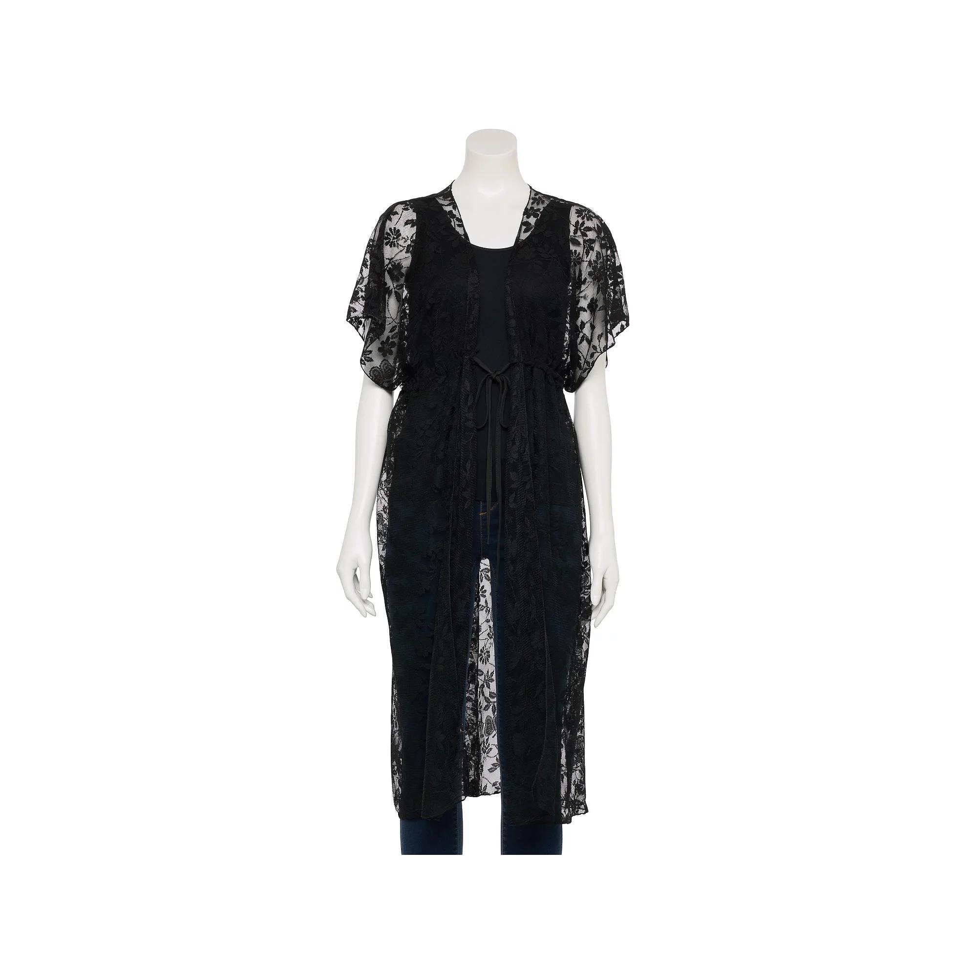 Women's Couture Gems Sheer Floral Lace Kimono, Black Product Image