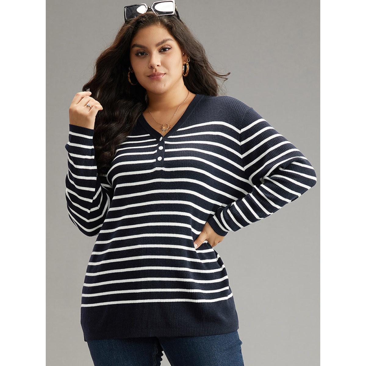 Plus Size Supersoft Essentials Striped Button Through Pullover Midnight Women Casual Loose Long Sleeve V-neck Dailywear Pullovers BloomChic 22-24/3X Product Image