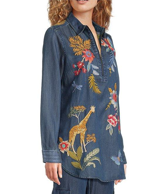 JOHNNY WAS Jane Lightweight Denim Placement Embroidery Point Collar Half-Zip Long Sleeve Shirt Tunic Product Image