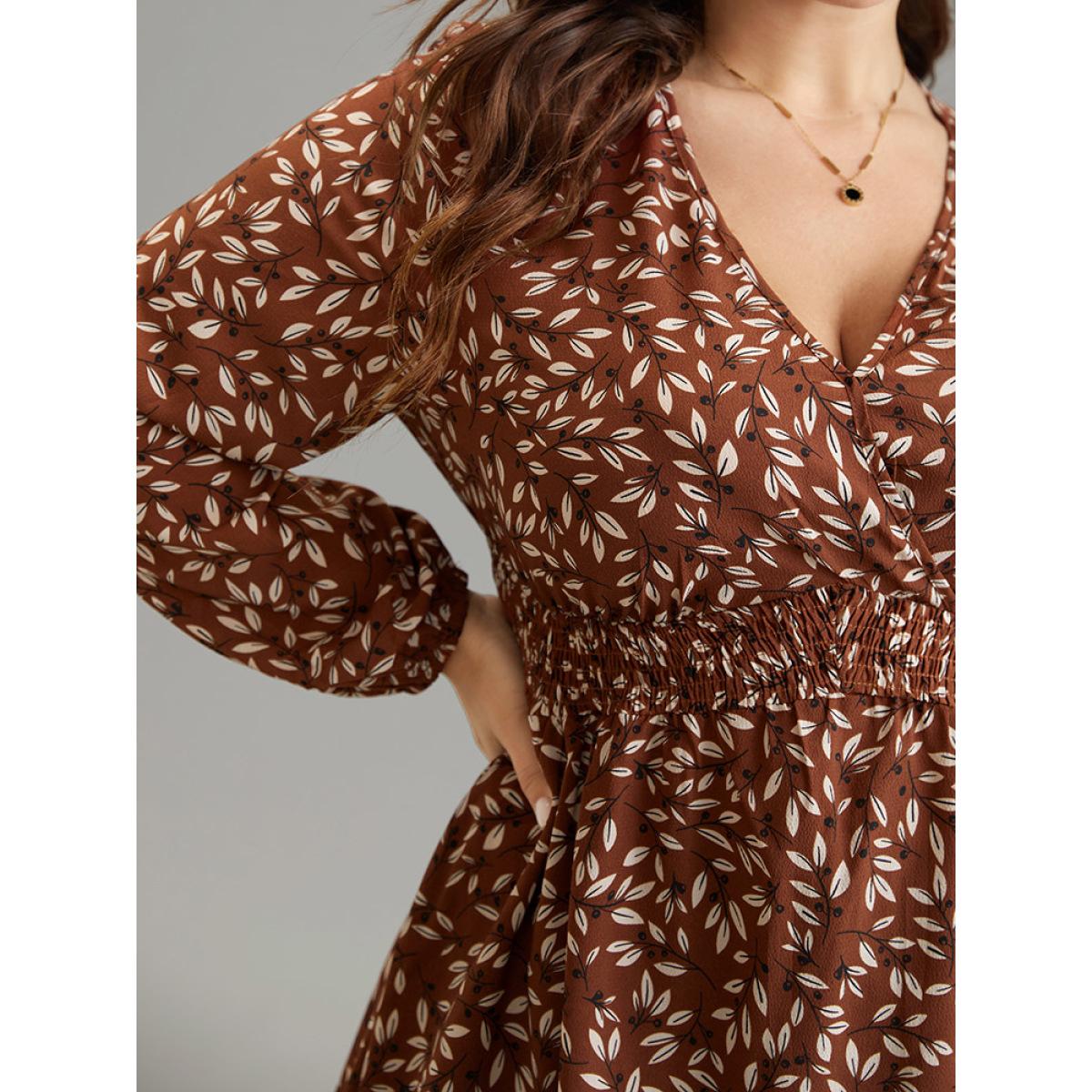 Plus Size Russet Ditsy Floral Shirred Elastic Waist High Low Hem Blouse Women Elegant Long Sleeve V-neck Everyday Blouses BloomChic 28/5X Product Image