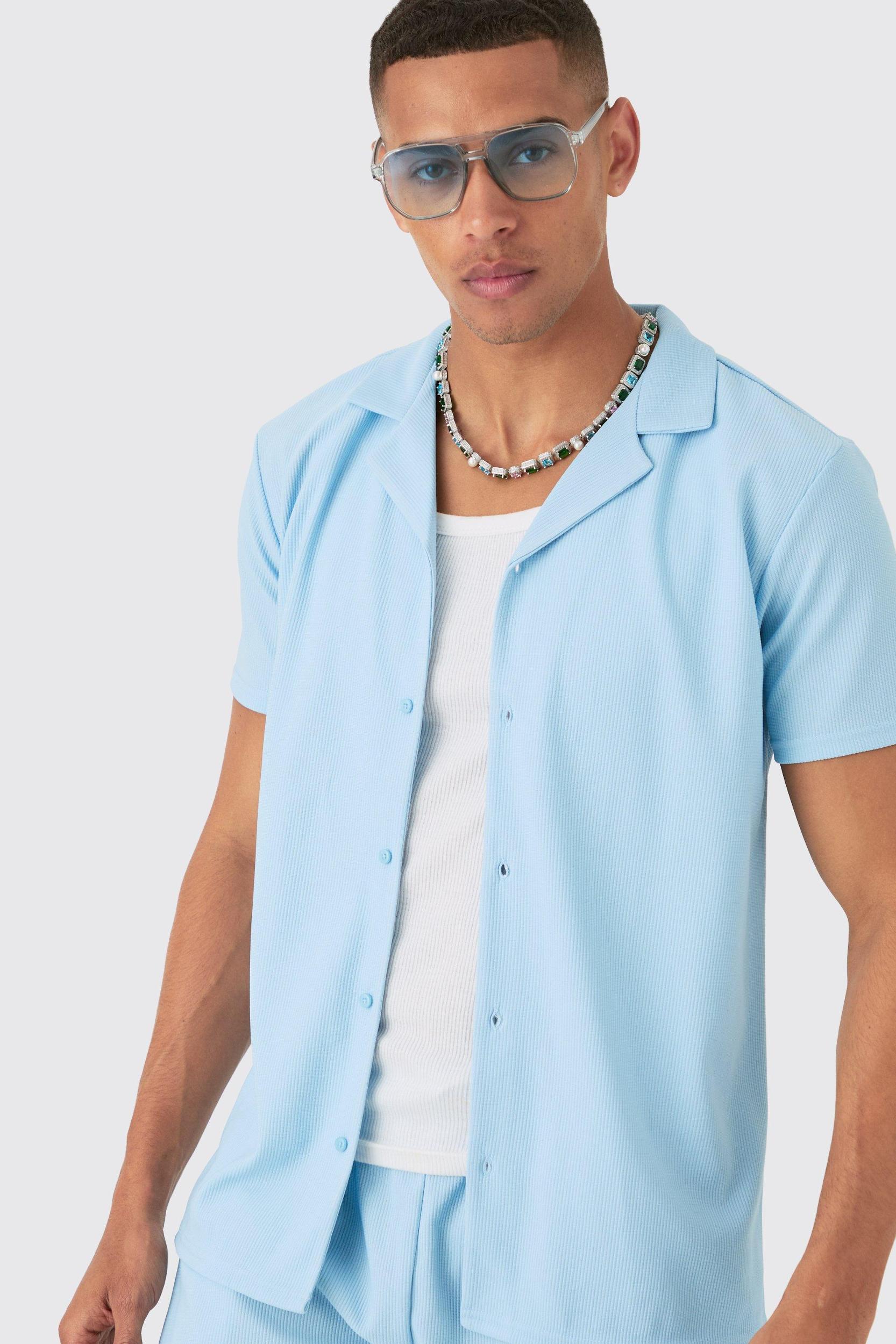 Regular Fit Short Sleeve Ribbed Shirt & Short Set | boohooMAN USA Product Image