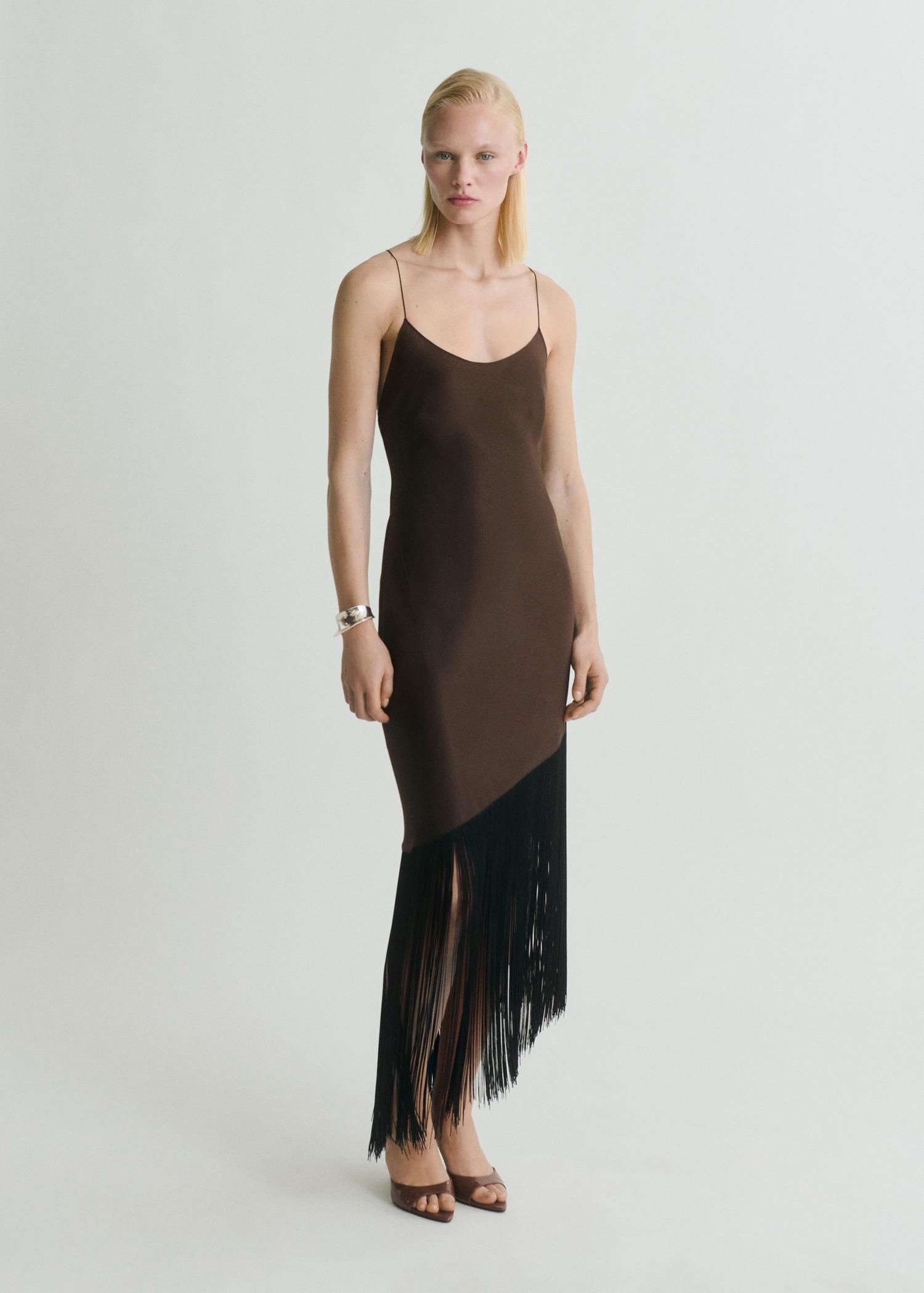 Asymmetrical satin dress with fringes - Women | MANGO USA Product Image