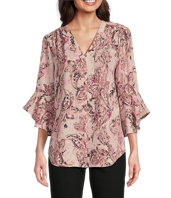 Jones New York Paisley Printed Crepe De Chine V-Neck Flare Sleeve Pleat Front Tunic Product Image