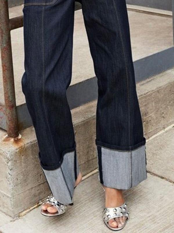 High Waisted Straight Leg Contrast Color Split-Joint Jean Pants Bottoms Product Image