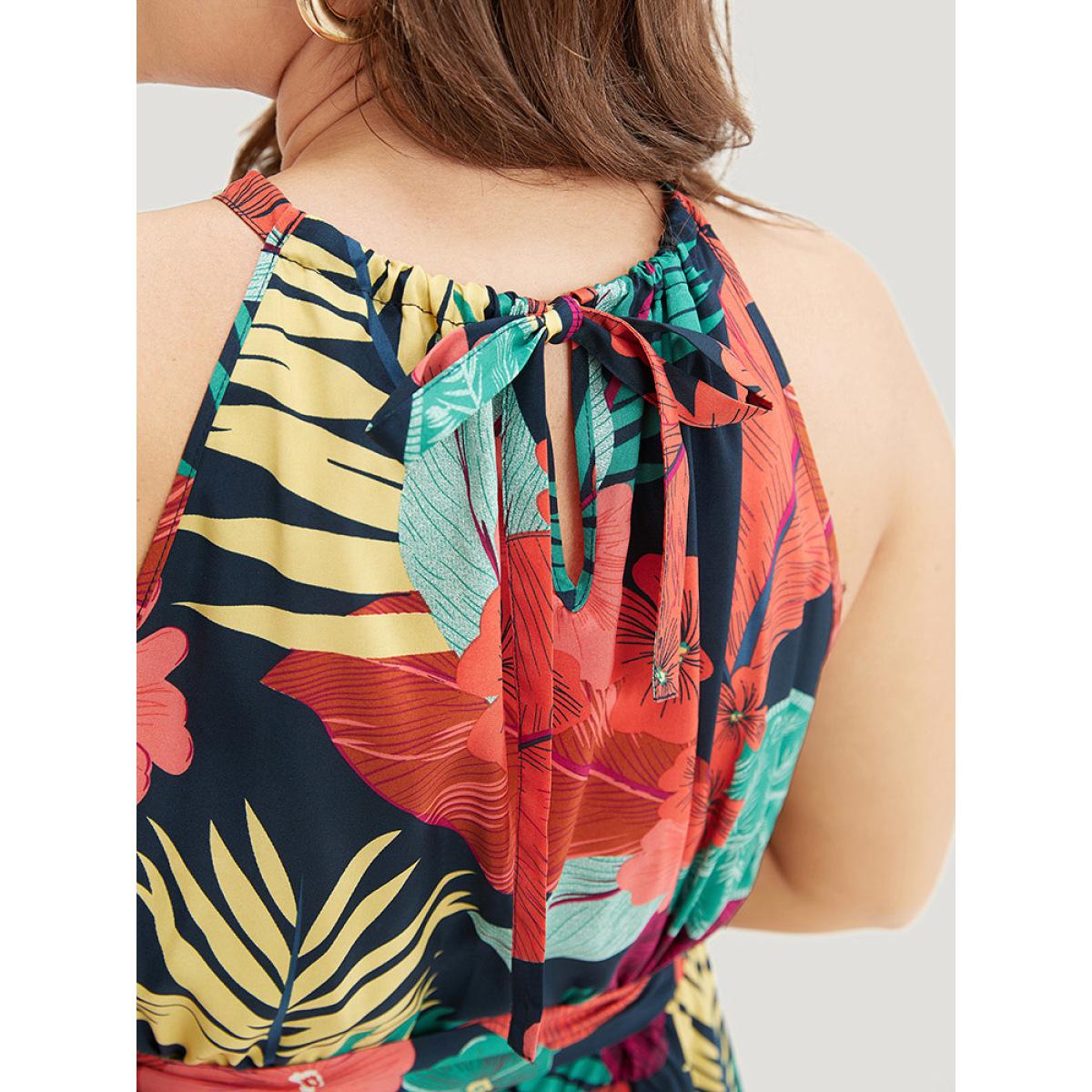 Plus Size Tropical Print Ruffle Hem Pocket Belt Knotted Halter Dress DarkBlue Women Vacation Cross straps Halter neck Sleeveless Curvy Midi Dress BloomChic 18-20/2X Product Image