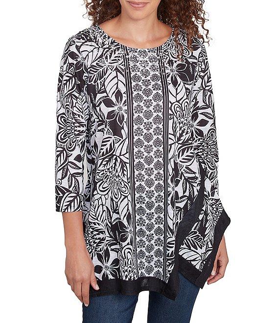 Ruby Rd. Petite Size Embellished Printed Scoop Neck 3/4 Sleeve Shark-Bite Hem Top Product Image