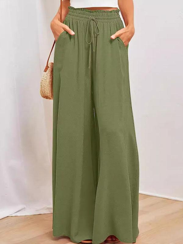 High Waisted Loose Drawstring Elasticity Pockets Solid Color Pants Trousers Product Image
