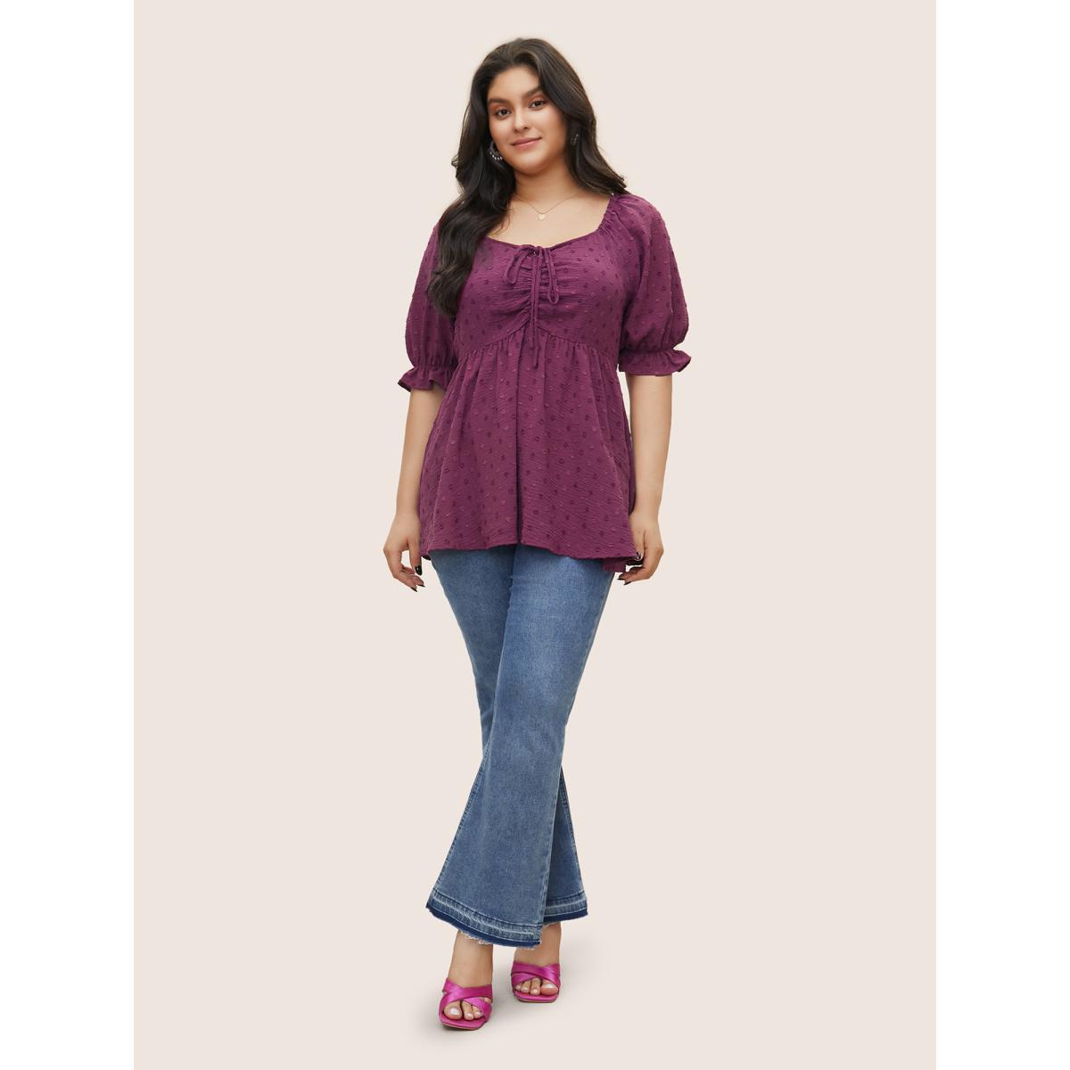 Plus Size Purple Solid Texture Ruffles Ties Elastic Waist Blouse Women Elegant Half Sleeve Square Neck Everyday Blouses BloomChic 28/5X Product Image