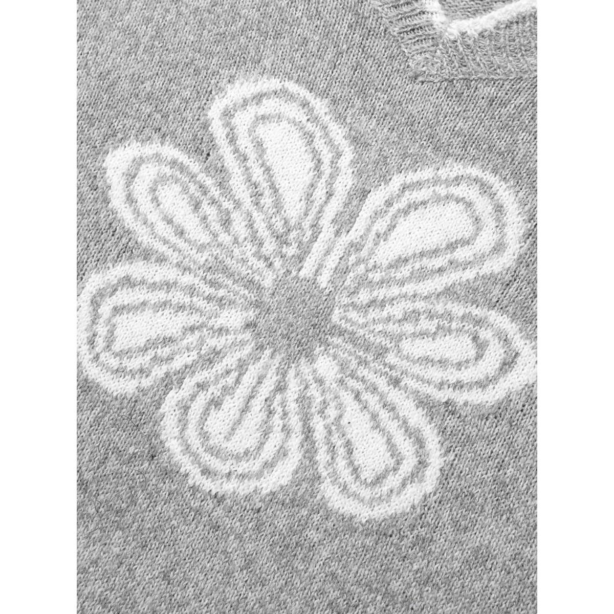 Plus Size Floral Print Jacquard V-Neck Pullover DarkGray Women Casual Loose Long Sleeve V-neck Everyday Pullovers BloomChic 10/M Product Image