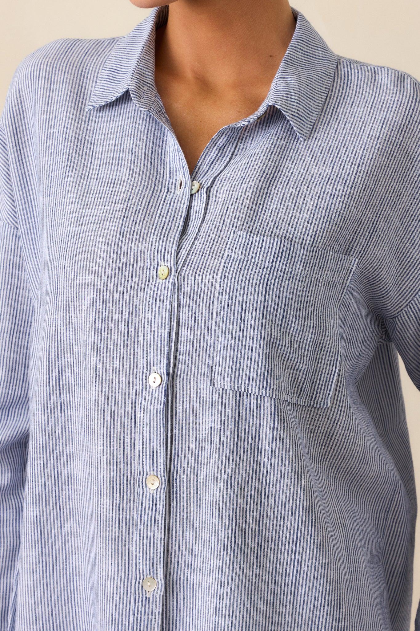 What Do You Mean Blue Stripe Linen Blend Button Front Top Product Image