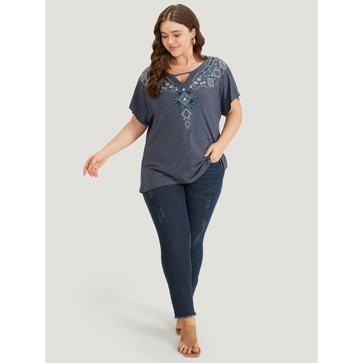 Plus Size Floral Embroidered Keyhole Dolman Sleeve T-shirt Blue Women Elegant Cut-Out Bohemian Print Keyhole Cut-Out Dailywear T-shirts BloomChic 26/4X Product Image
