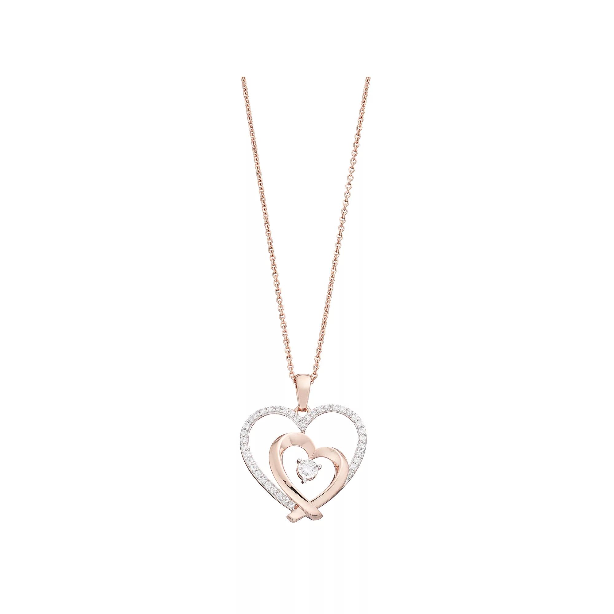 Two Tone Sterling Silver 1/4 Carat T.W. Diamond Double Heart Pendant Necklace, Women's, Size: 18" Product Image