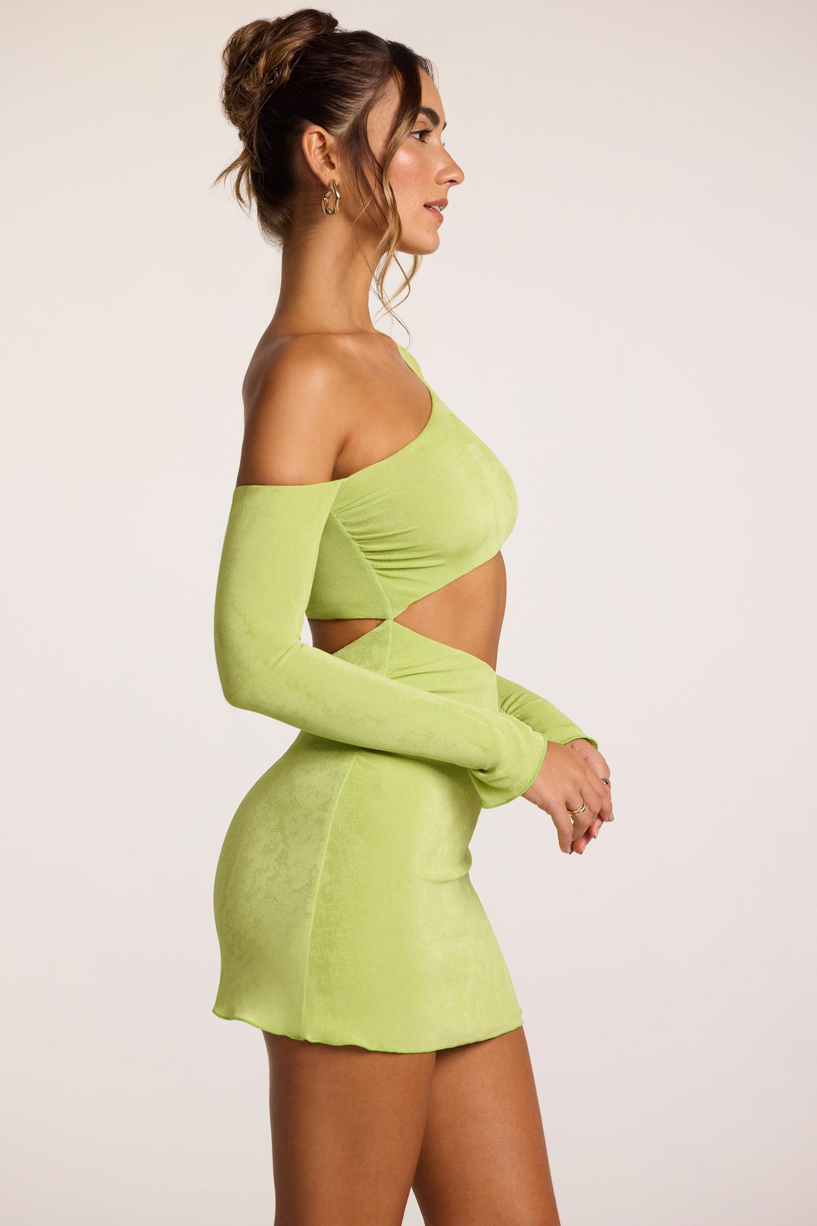 Textured Jersey Asymmetric Cut Out Mini Dress in Lime Product Image