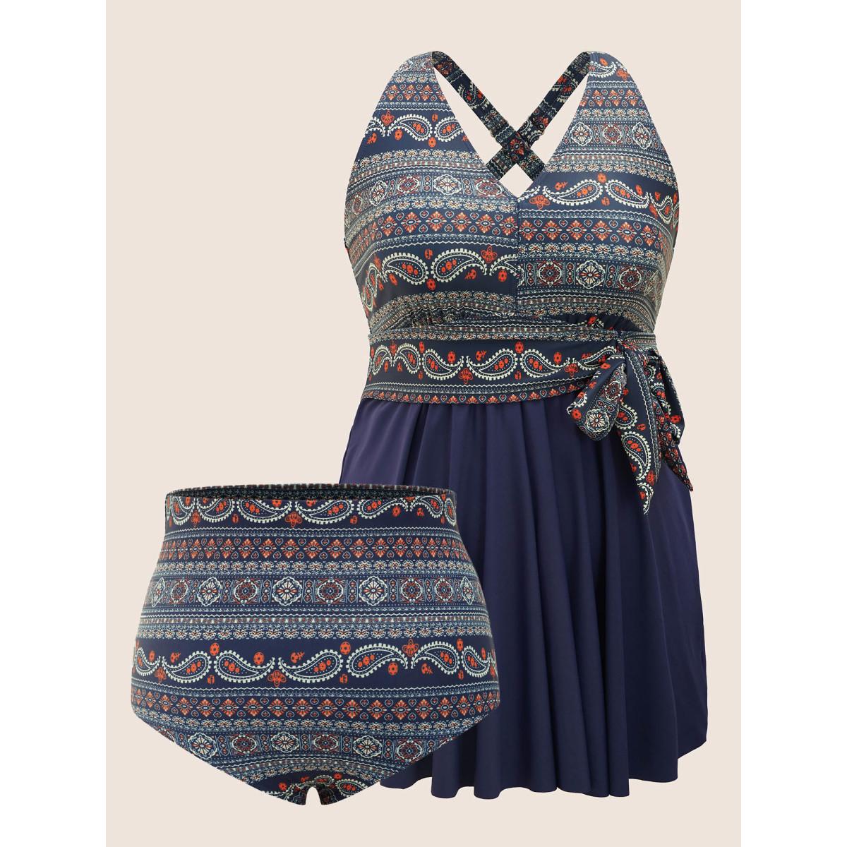 Plus Size Bandana Print Ties Knotted Patchwork Swim Dress Women's Swimwear Indigo Beach Bodycon Deep V-neck High stretch Curve Swim Dresses BloomChic 10/M Product Image