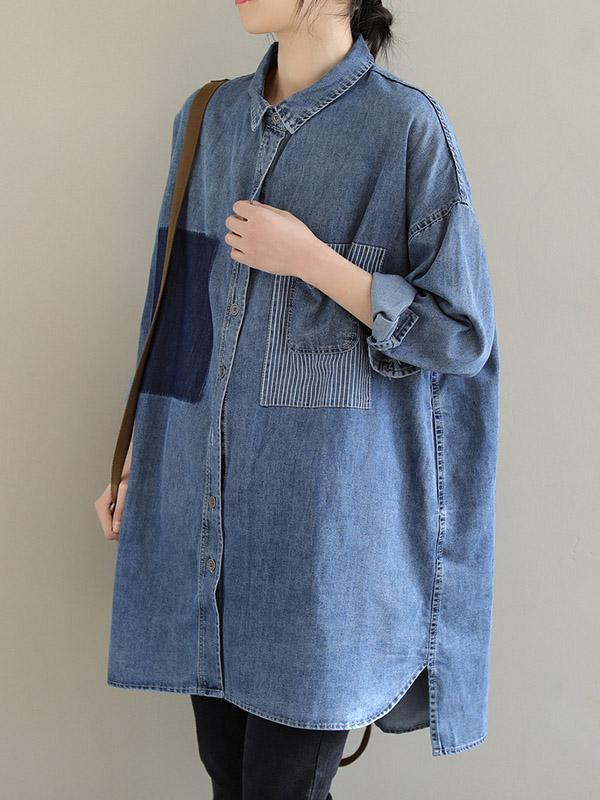 High-Low Long Sleeves Asymmetric Buttoned Pockets Split-Joint Lapel Blouses&Shirts Tops Product Image