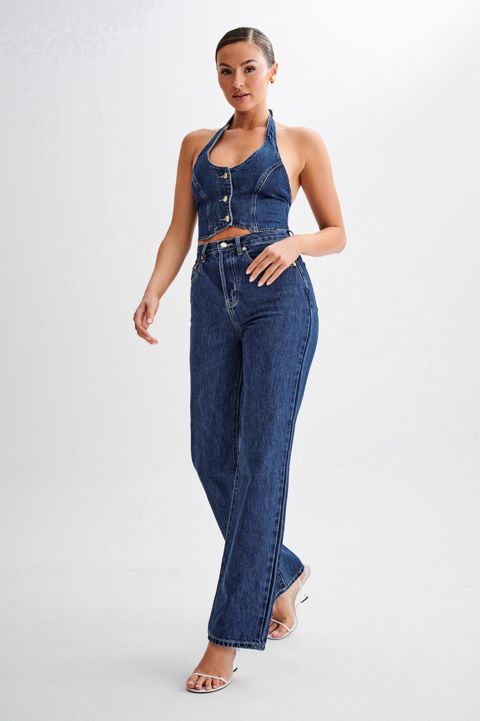 Janine High Waisted Straight Leg Jeans - Dark Blue Product Image