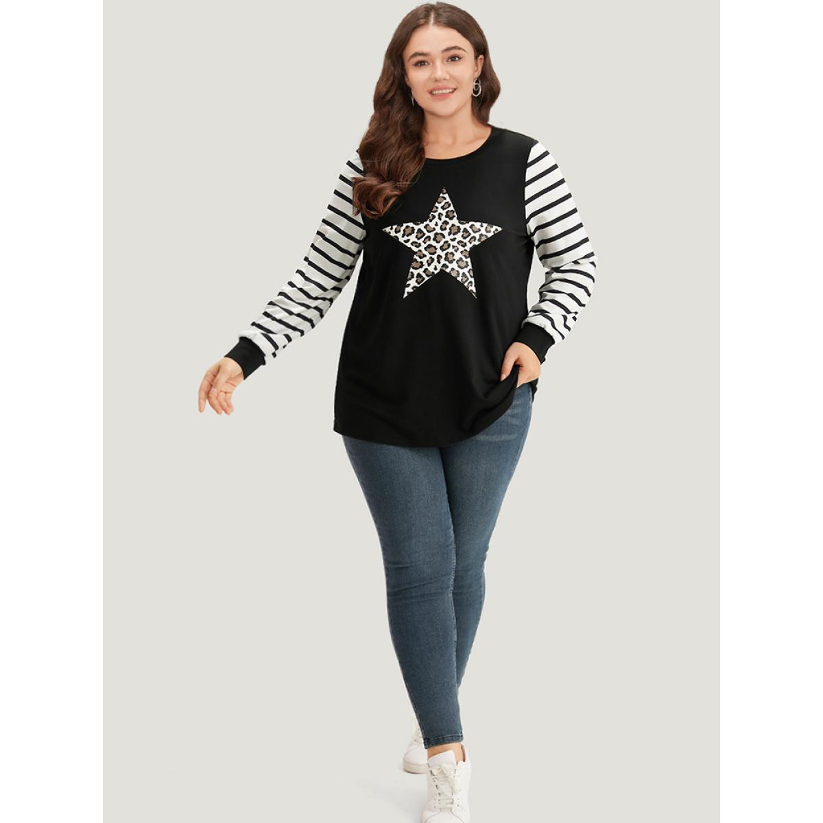 Plus Size Star Leopard Print Striped Patchwork Crew Neck Sweatshirt Women Black Casual Elastic cuffs Dailywear Sweatshirts BloomChic 22-24/3X Product Image