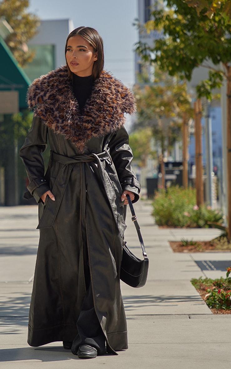 Washed Brown Detachable Leopard Faux Fur Trim PU Trench Coat Product Image