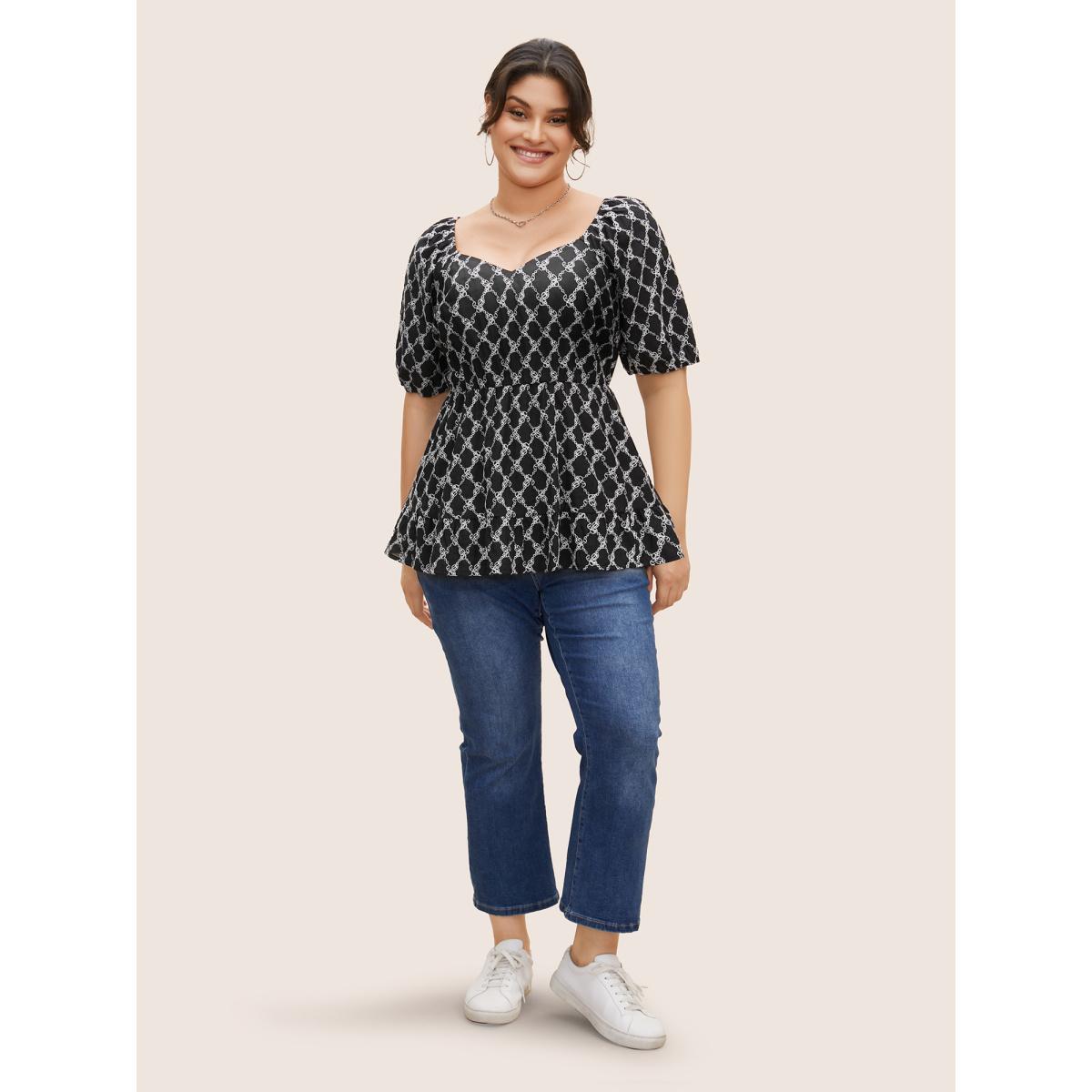 Plus Size Black Embroidered Heart Neckline Lantern Sleeve Blouse Women Casual Short sleeve Heart neckline Everyday Blouses BloomChic 18-20/2X Product Image