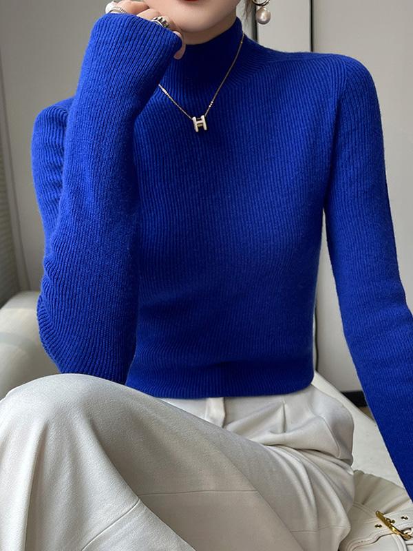 Casual Skinny Long Sleeves Solid Color Half Turtleneck Sweater Tops Product Image