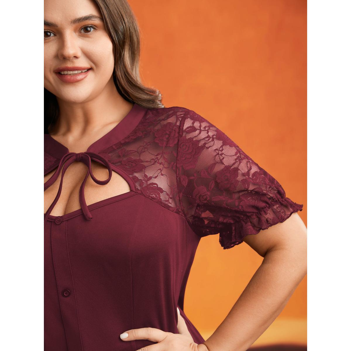 Plus Size Burgundy Lace Tie Cutout Neck Mesh Blouse Women Elegant Short sleeve Round Neck Everyday Blouses BloomChic 26/4X Product Image