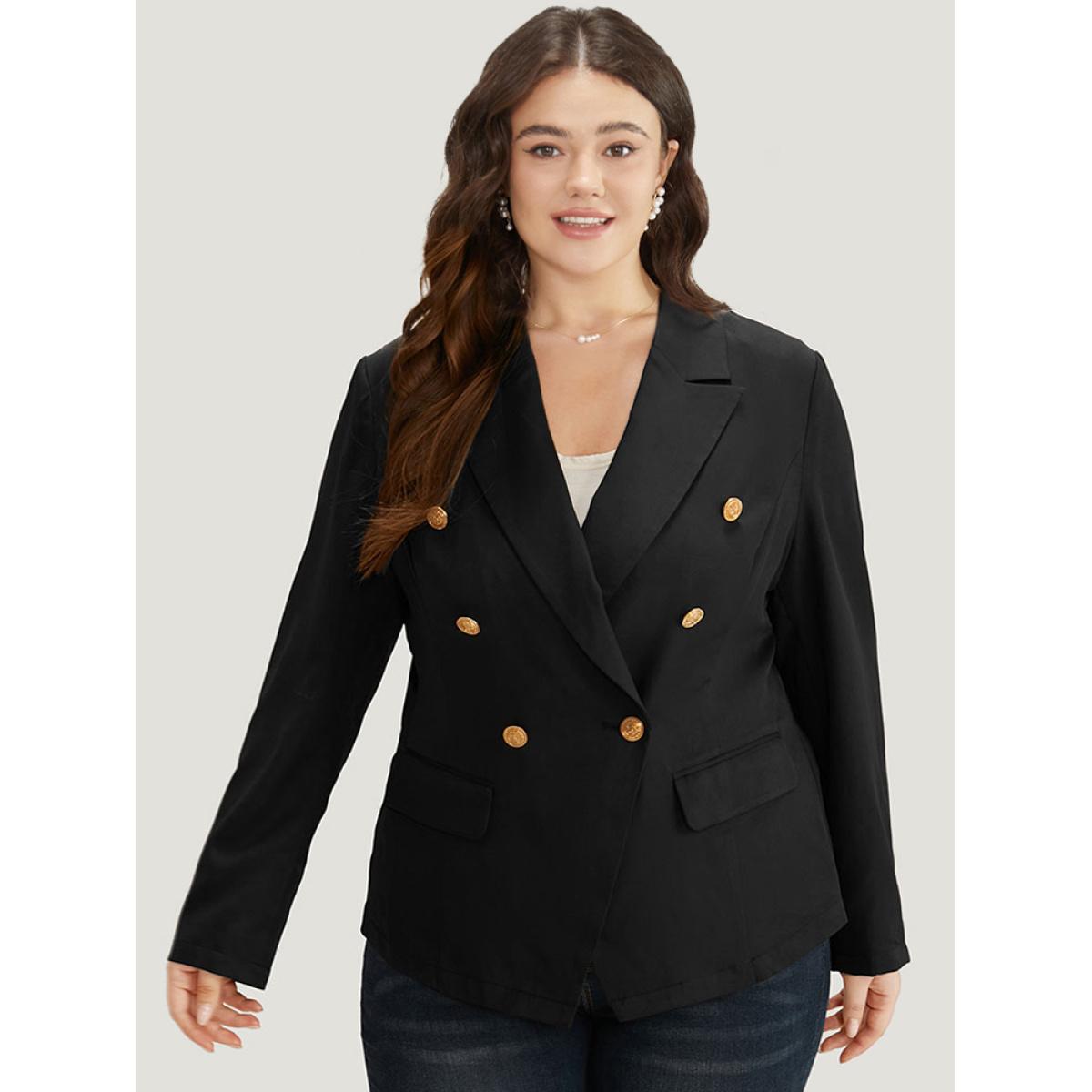Plus Size Suit Collar Buckle Detail Pocket Blazer Black Women Office Plain Plain Sleeve Long Sleeve Suit Collar 22-24/3X Pocket Workwear Essentials Blazers BloomChic Product Image