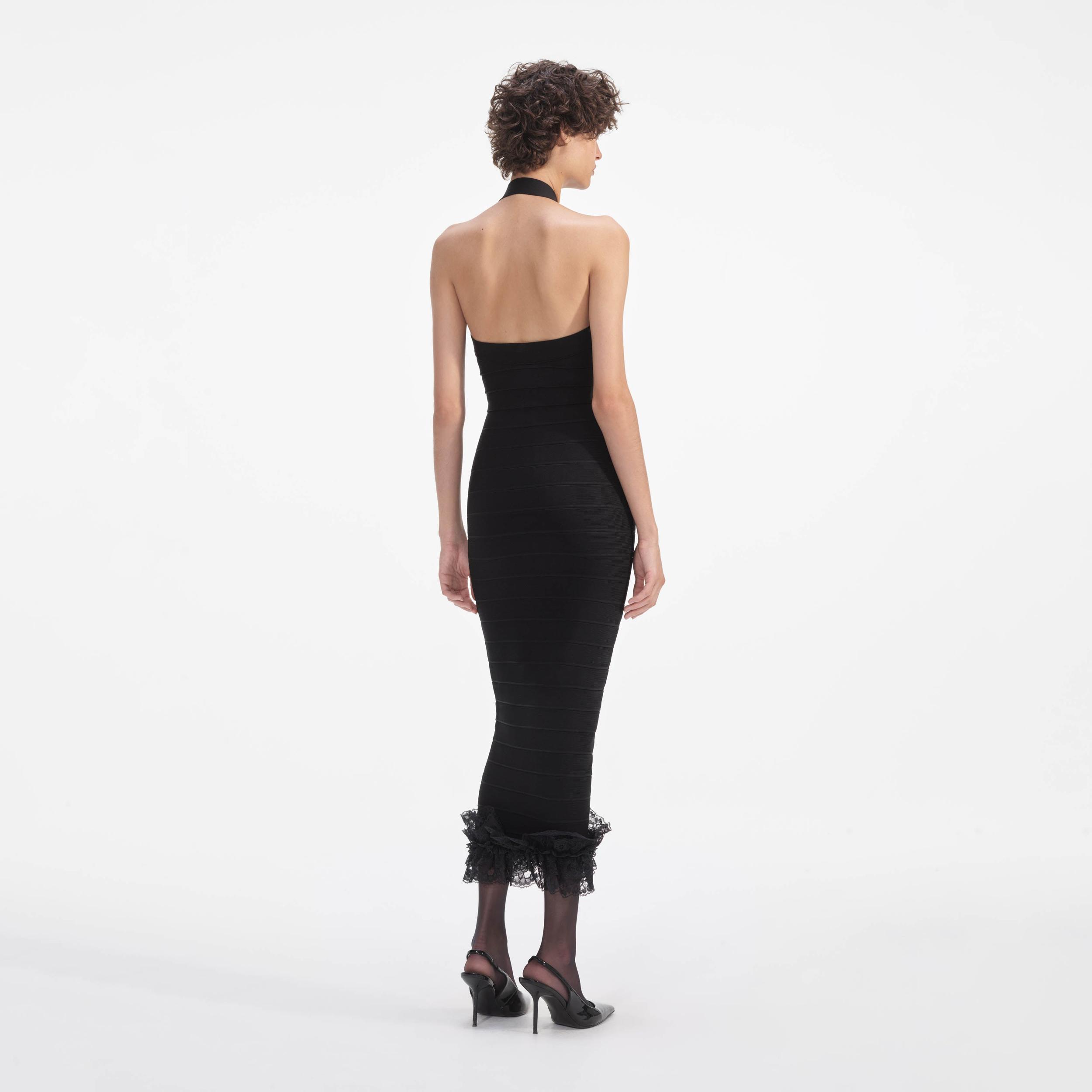 Black Knit Zip Ruffle Midi Dress Product Image