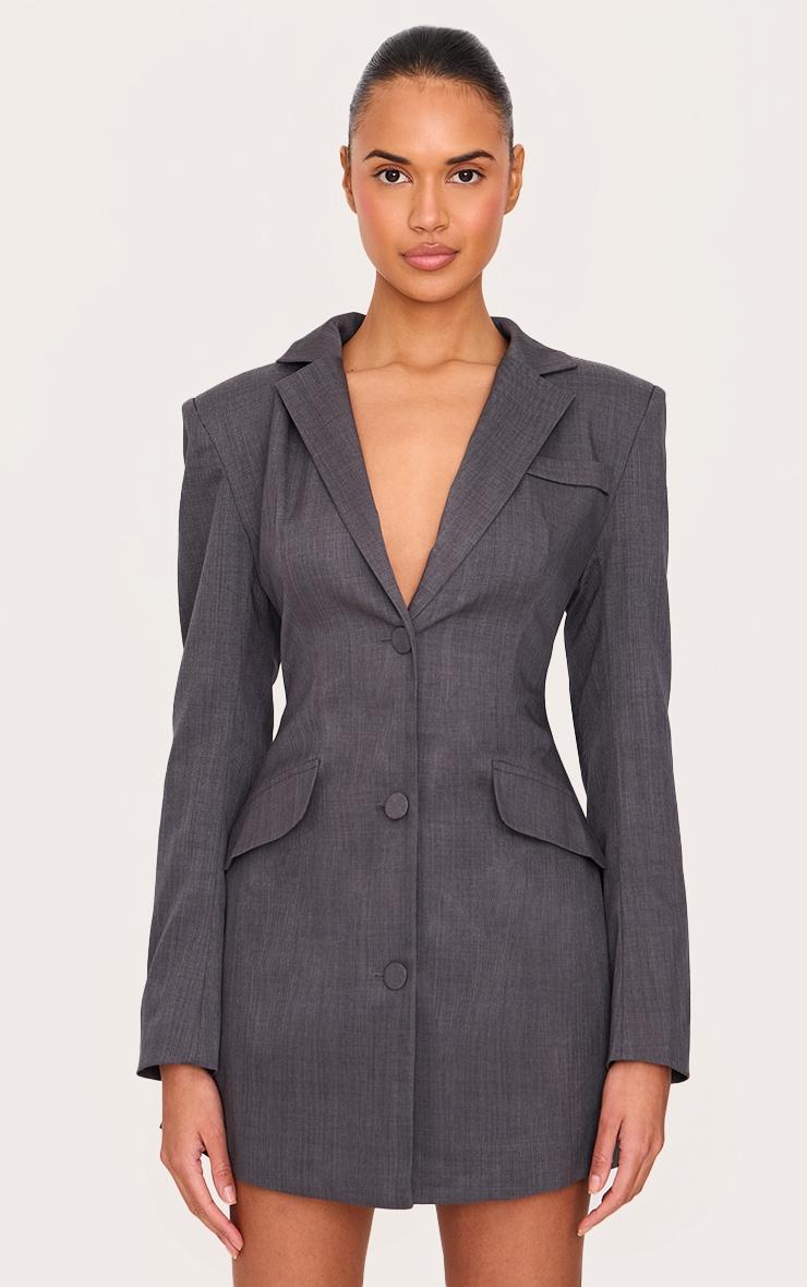 Charcoal Woven Cinched Waist Blazer Dress Product Image