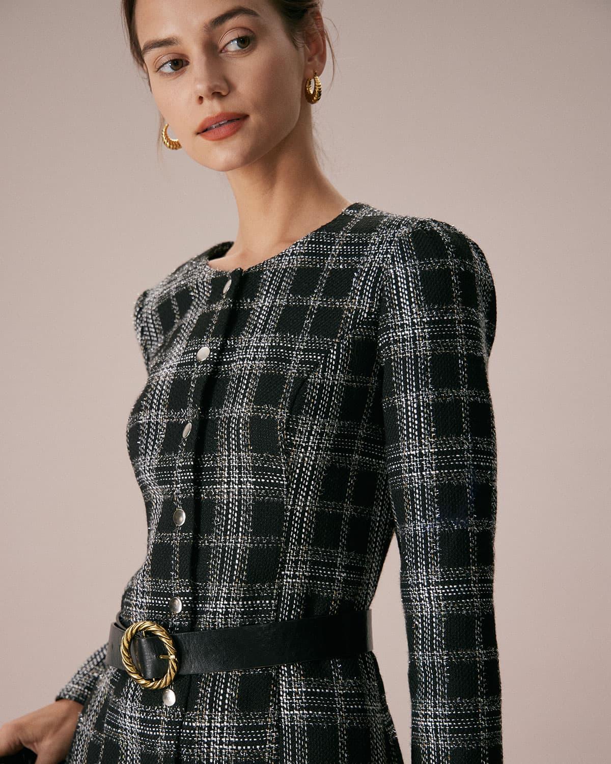 The Black Crew Neck Plaid A-Line Mini Dress Product Image