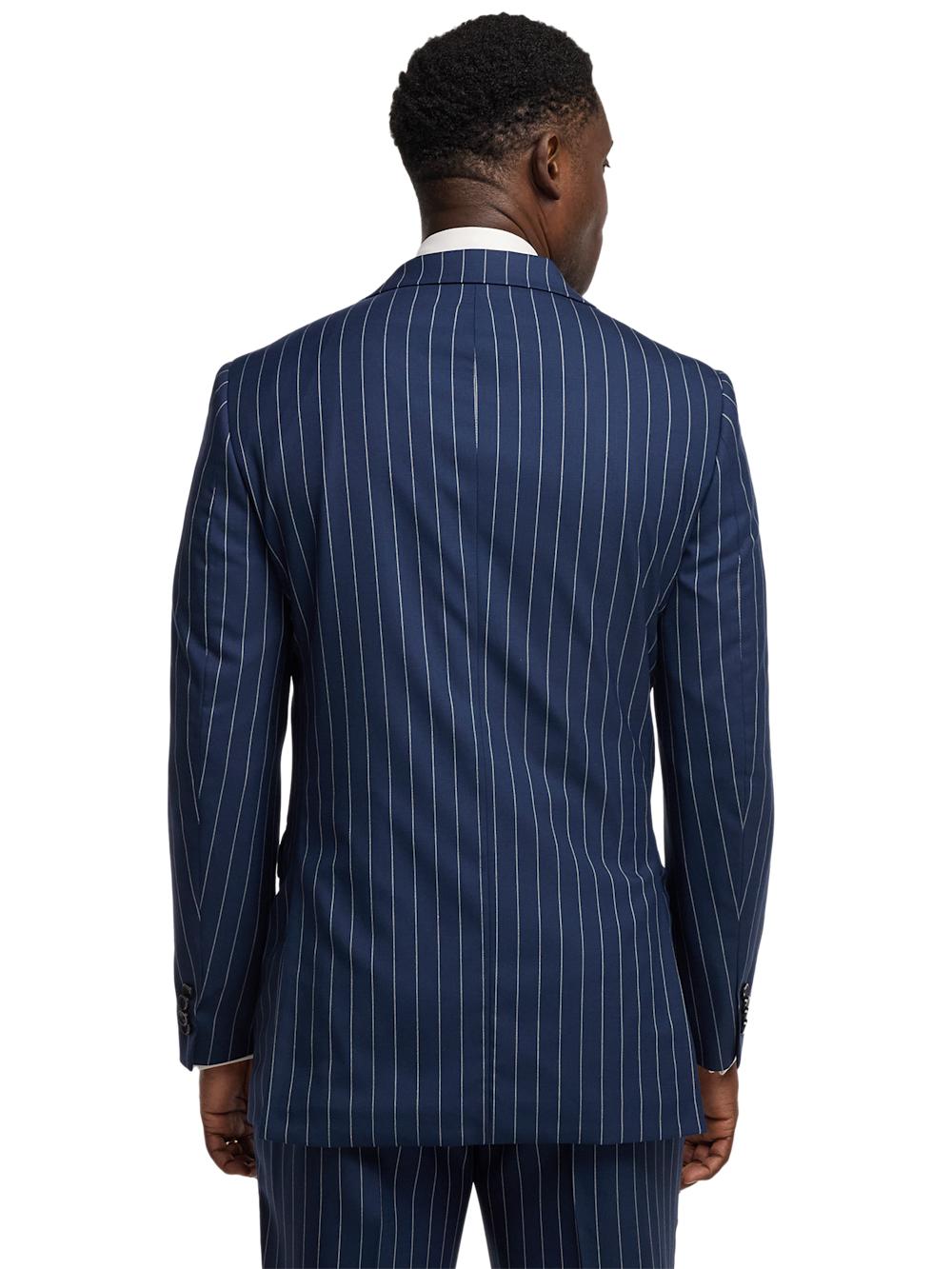 Wool Stretch Stripe Double Breasted Peak Lapel Suit Jacket - Blue Product Image