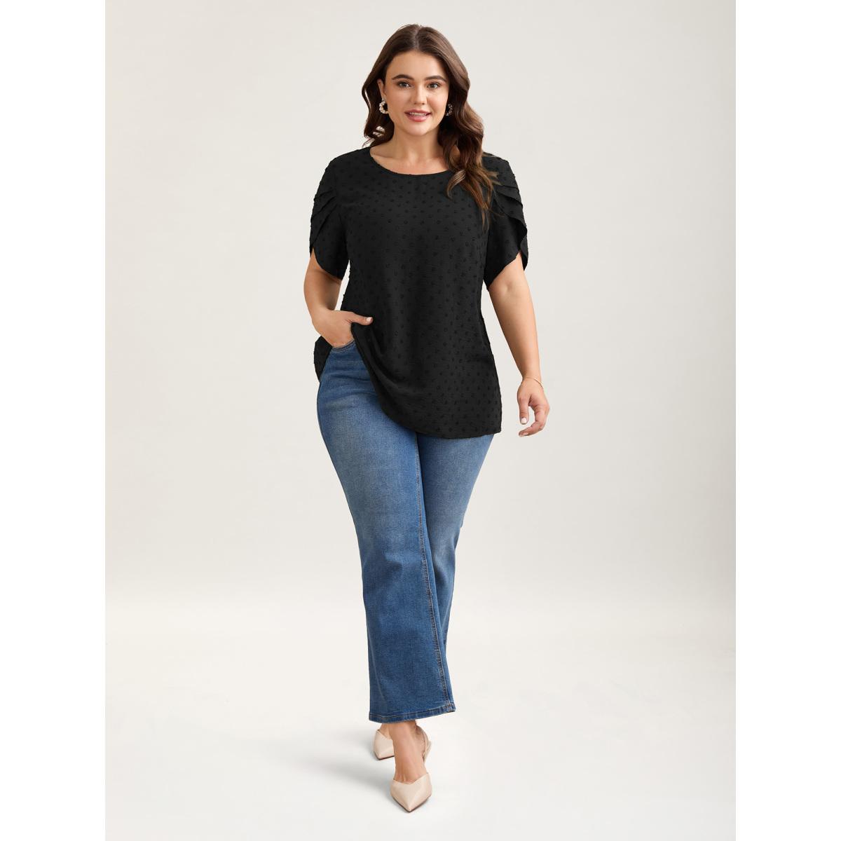 Plus Size DarkGreen Textured Color Contrast Petal Sleeve Blouse Women Timeless Short sleeve Round Neck Elegant Blouses BloomChic 14-16/1X Product Image