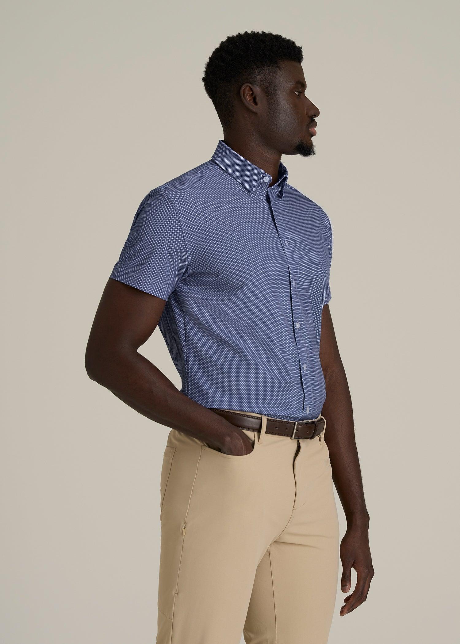 Short Sleeve Traveler Stretch Button Shirt for Tall Men in Royal Blue Geometric Male Product Image