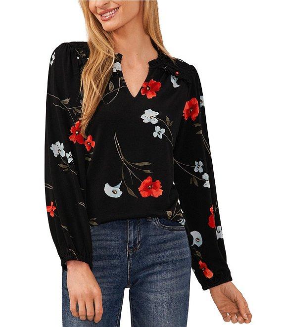 CeCe Floral Print Split V-Neck Long Blouson Sleeve Smocked Ruffle Shoulder Crepe Knit Top Product Image