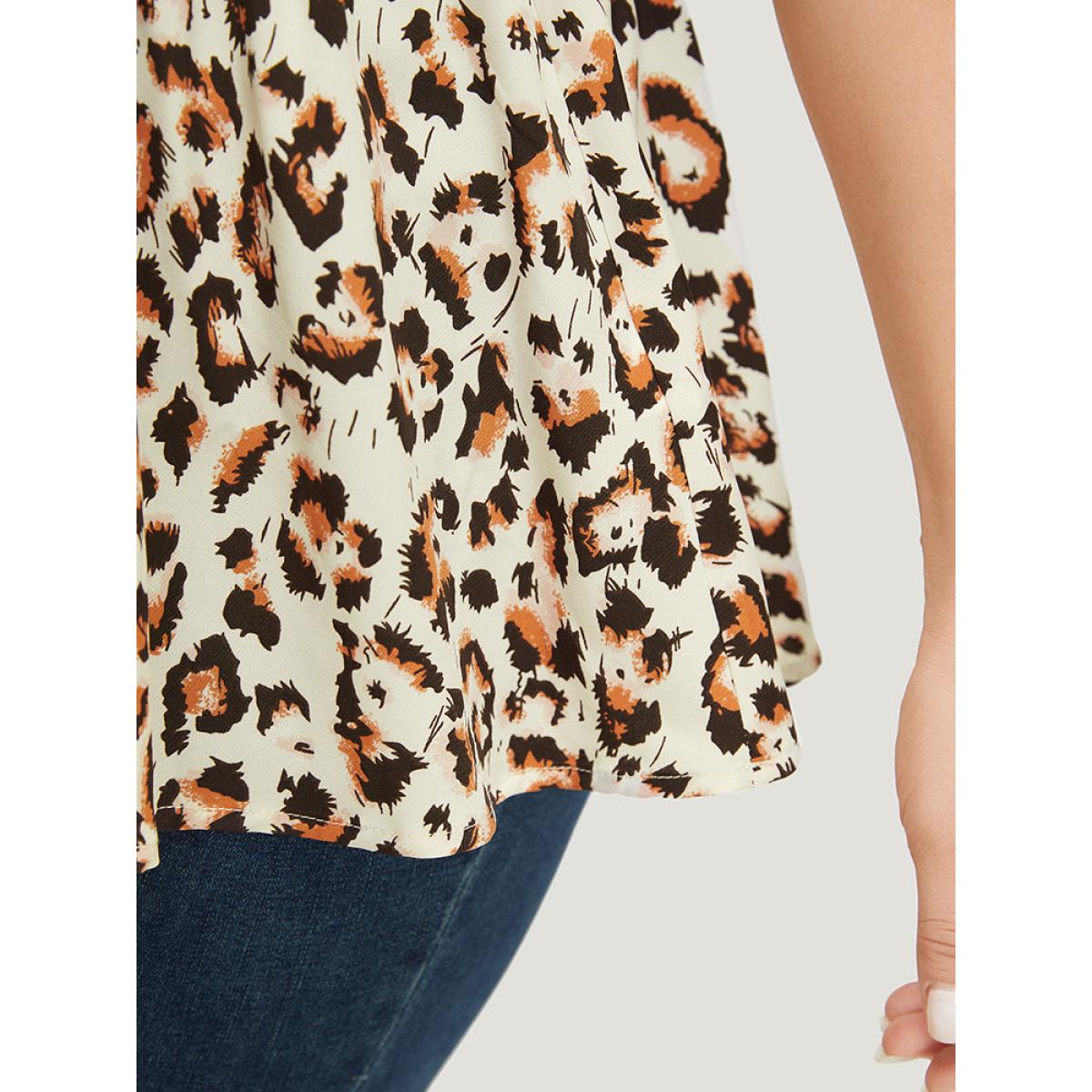 Plus Size Beige Leopard Print Shirred Puff Sleeve Ruffle Sleeve Blouse Women Glamour Short sleeve V-neck Going out Blouses BloomChic 10/M Product Image