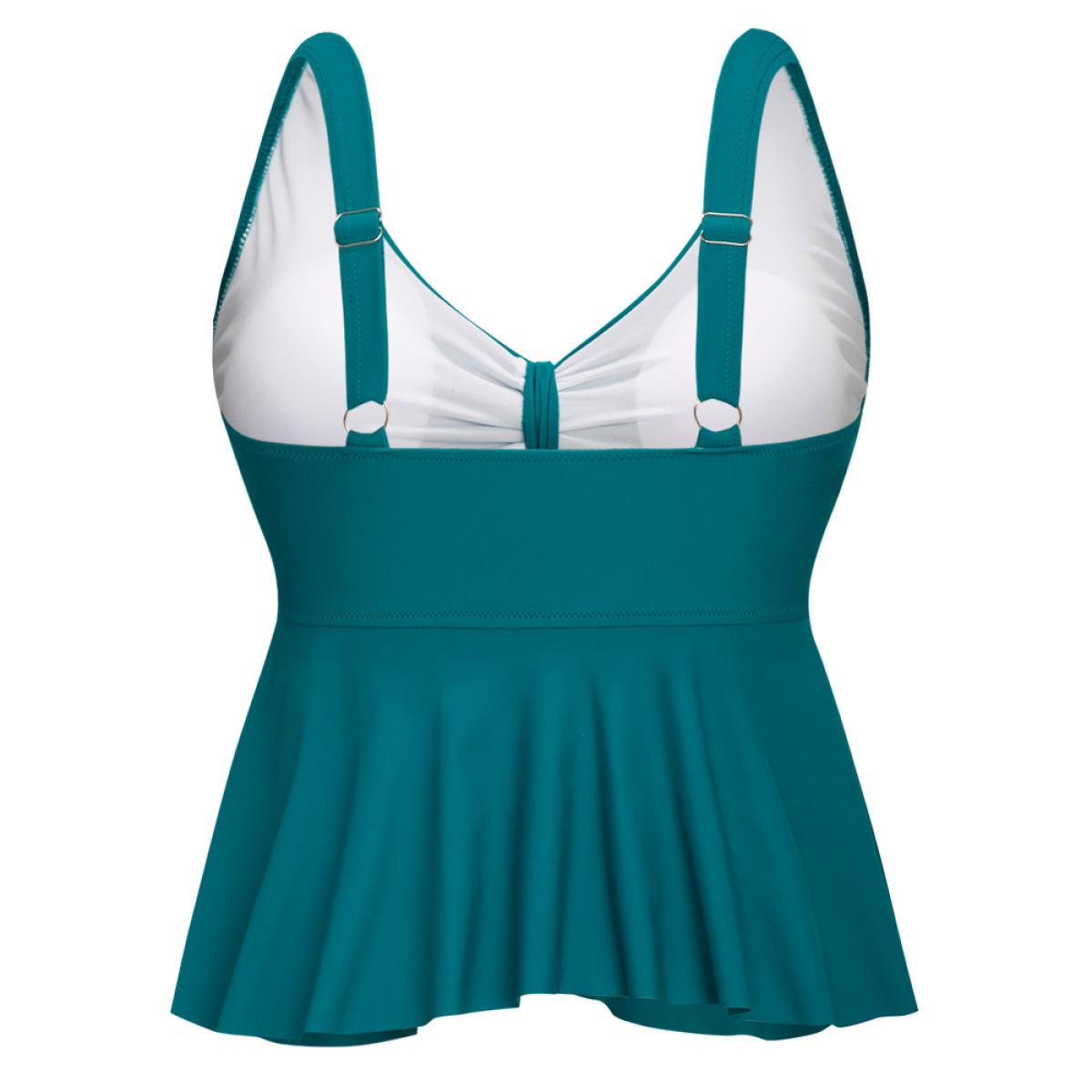 Plus Size Knotted Front Ruffles Adjustable Straps Tankini Top Women's Swimwear Cerulean Vacation Adjustable Straps High stretch Bodycon Deep V-neck Curve Swim Tops BloomChic 18-20/2X Product Image